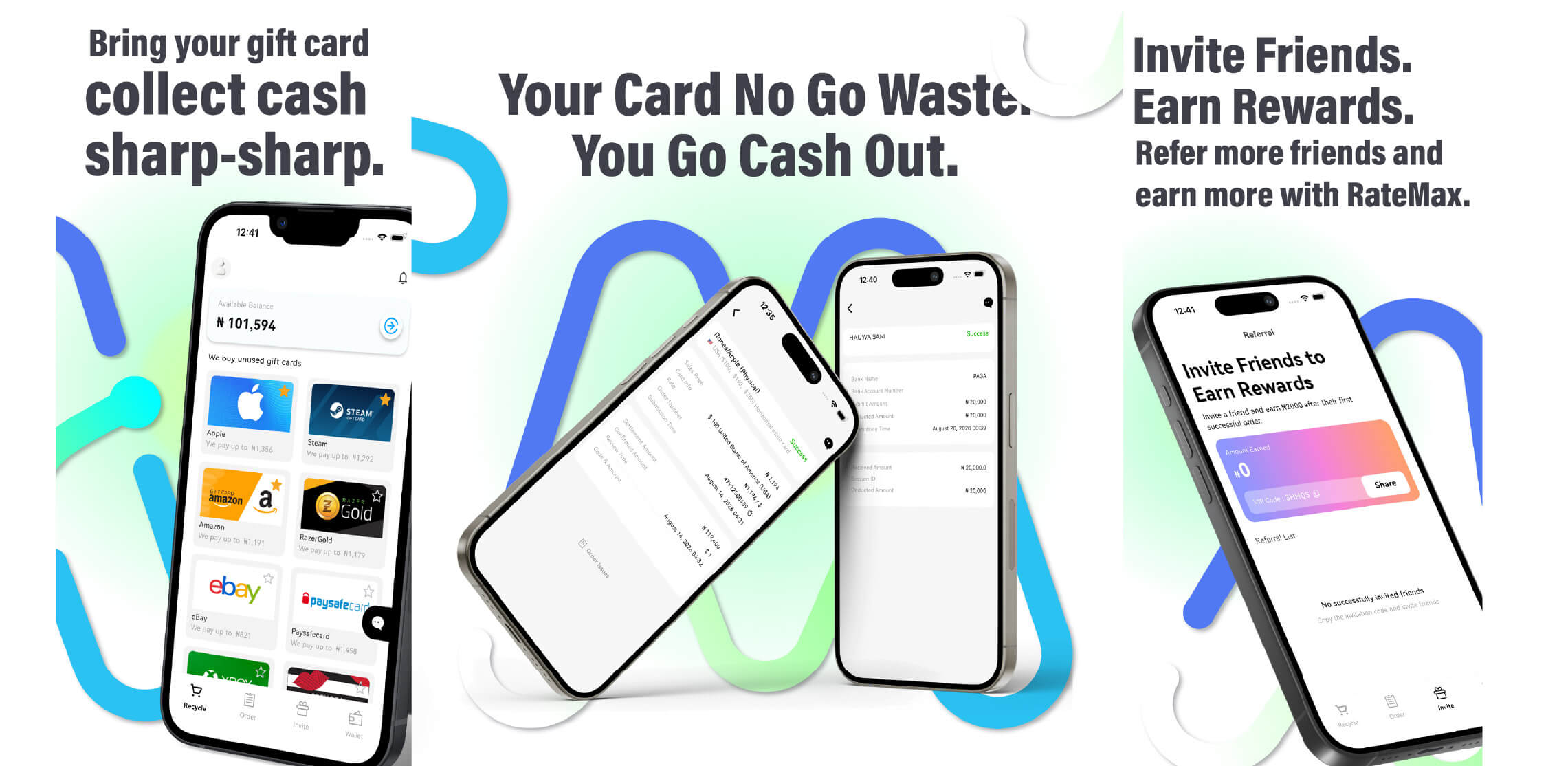RateMax app — three phone screens showing gift card trading, rates, and instant payout